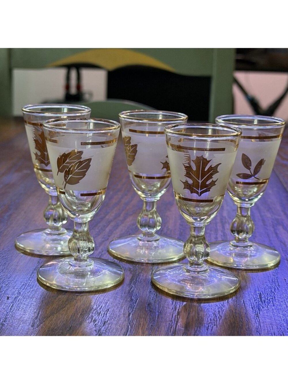 5 Vintage MCM Libbey Golden Foliage Gold Leaf White Frosted Cordial Glasses